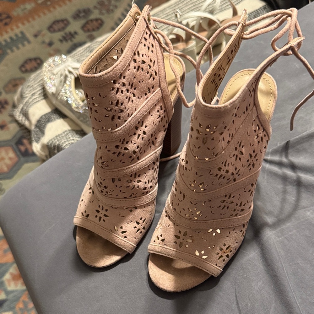 JustFab Blush Lace-Up Heels
